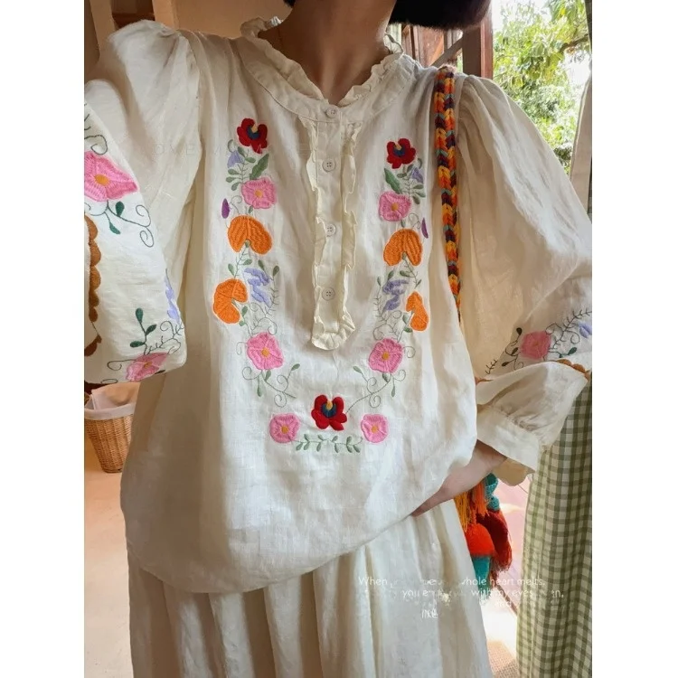 Bohemian Style Embroidered Linen Cotton Shirt Original Design Loose Fit Women's Long Sleeve Casual Top Vintage Floral Print
Bohemian Style Embroidered Linen Cotton Shirt Original Design Loose Fit Women's Long Sleeve Casual Top Vintage Floral Print