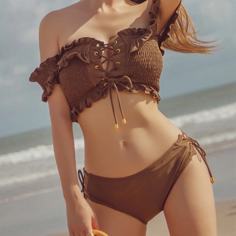 New Korean Women Bikini Sets Cute Two-piece Off Shoulder Swimsuit Solid Pink Front Tie Sierra Crop Top Sexy Puffy Beachwear
New Korean Women Bikini Sets Cute Two-piece Off Shoulder Swimsuit Solid Pink Front Tie Sierra Crop Top Sexy Puffy Beachwear