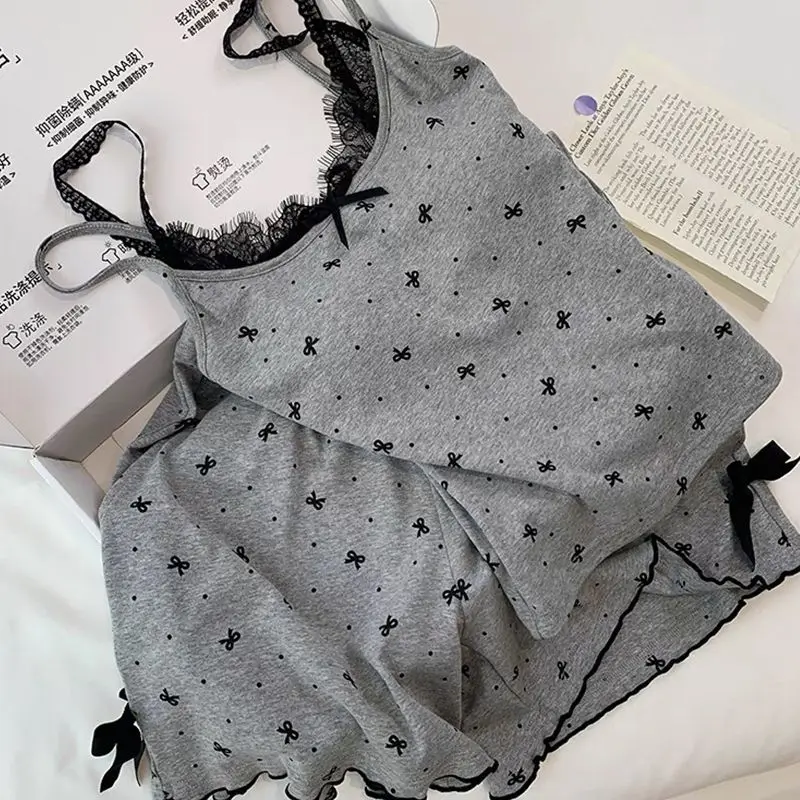 Lace Sleepwear Women Pajama Sets Bow Print Shorts Sets 2 Pieces Korean Piiama Spagheti Strap Night Wears Padded Summer Home Suit
Lace Sleepwear Women Pajama Sets Bow Print Shorts Sets 2 Pieces Korean Piiama Spagheti Strap Night Wears Padded Summer Home Suit