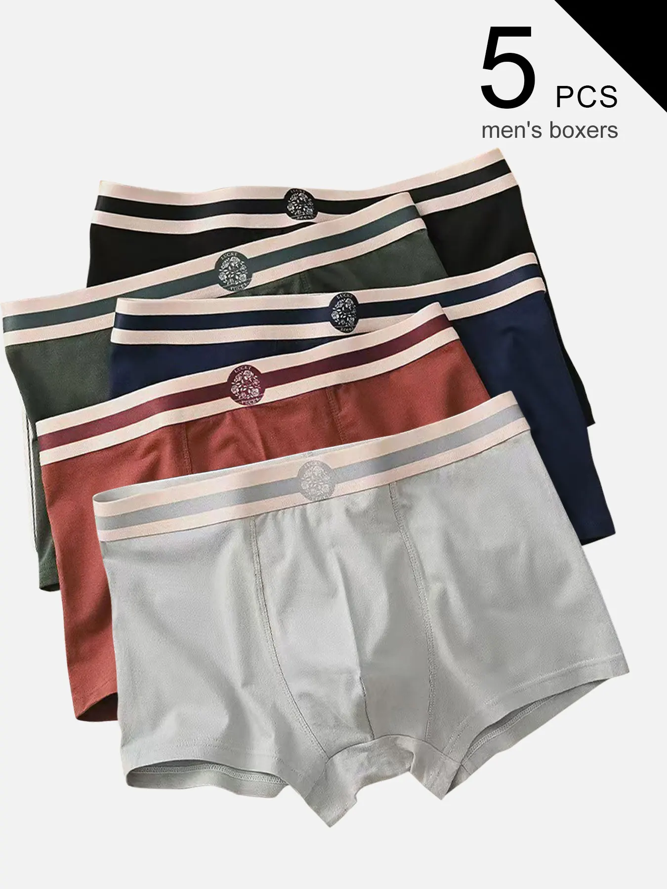 5-Pack Men's Boxers: Color - Block Striped Waistband with Unique Badge, 95% Cotton & 5% Spandex, Breathable & Skin - Friendly.
5-Pack Men's Boxers: Color - Block Striped Waistband with Unique Badge, 95% Cotton & 5% Spandex, Breathable & Skin - Friendly.