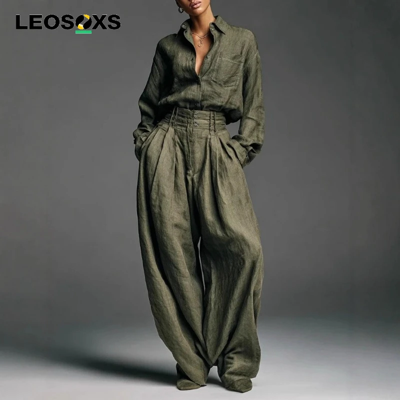 Leisure Simple Long Sleeve Shirts & Pants Sets Vintage Solid Color Loose Commute Outfits Autumn Women New Pocket Pants Outfits
Leisure Simple Long Sleeve Shirts & Pants Sets Vintage Solid Color Loose Commute Outfits Autumn Women New Pocket Pants Outfits