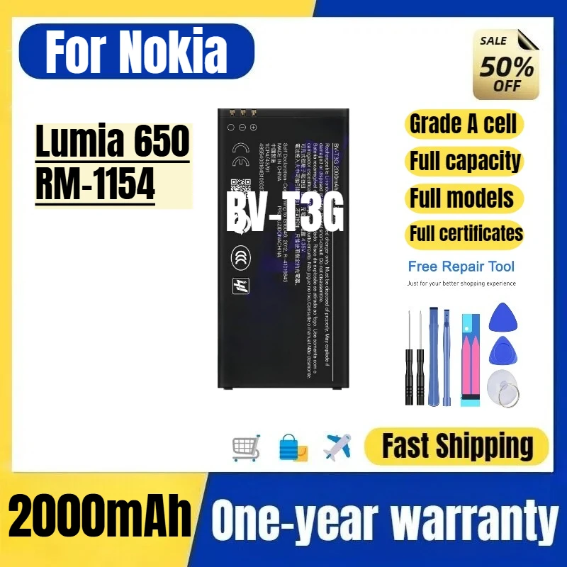 BV-T3G for Nokia Lumia 650/RM-1154 Mobile Phone Battery High Quality High Capacity Replacement Bateria Grade A Cell with Tools
BV-T3G for Nokia Lumia 650/RM-1154 Mobile Phone Battery High Quality High Capacity Replacement Bateria Grade A Cell with Tools