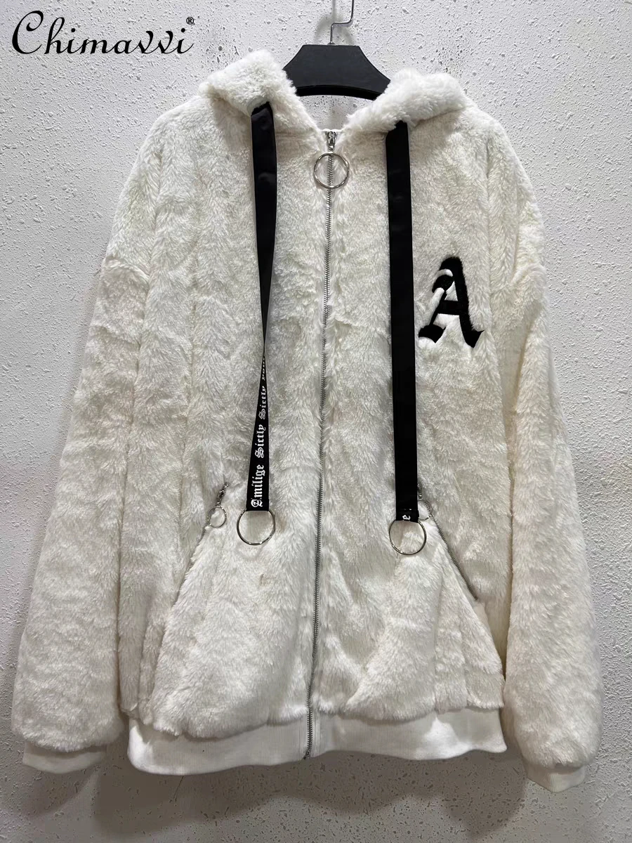 Japanese Harajuku Style Fashion Lamb Wool Coat 2025 Autumn Winter New Punk Dark Girl Long Sleeve Loose Hooded Thickened Jacket 
Japanese Harajuku Style Fashion Lamb Wool Coat 2025 Autumn Winter New Punk Dark Girl Long Sleeve Loose Hooded Thickened Jacket