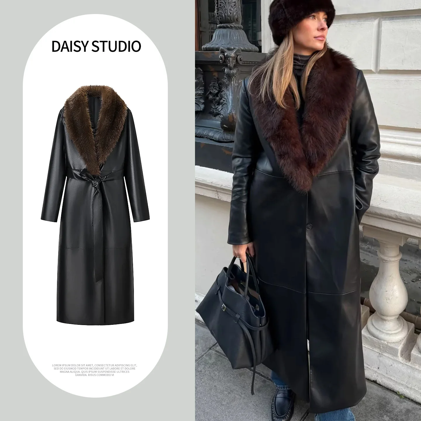 Весенняя новинка: Женское длинное кожаное пальто с отложным воротником, поясом-завязкой и съемным меховым воротником.
Весенняя новинка: Женское длинное кожаное пальто с отложным воротником, поясом-завязкой и съемным меховым воротником.