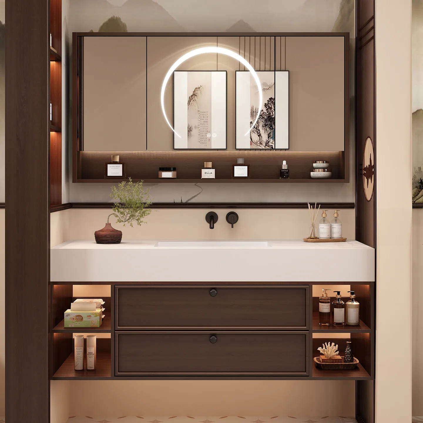 Комплект мебели для ванной комнаты: тумба с бесшовной раковиной из каменной плиты, умывальник, тумба для ванной.
Комплект мебели для ванной комнаты: тумба с бесшовной раковиной из каменной плиты, умывальник, тумба для ванной.