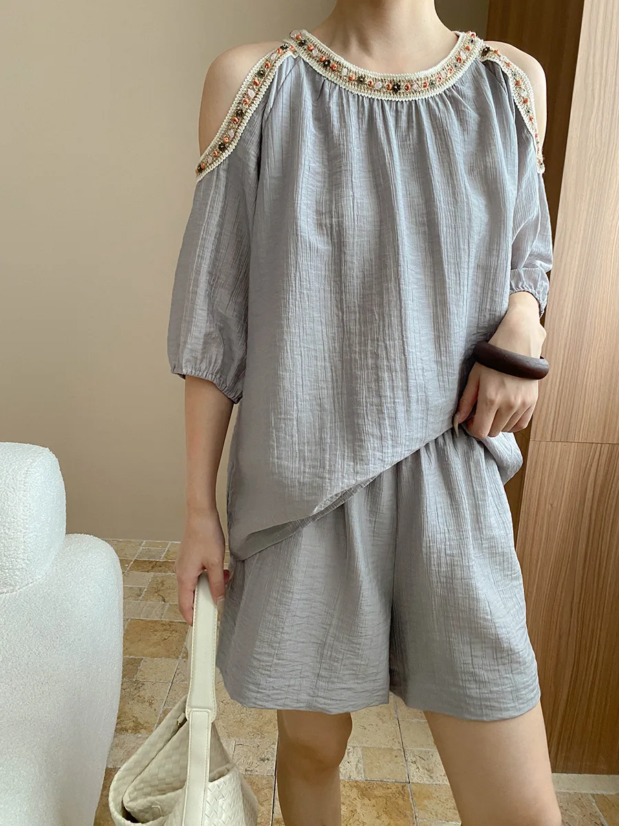 South French Holiday Bohemian Style Braided Beaded Off Shoulder Shirt Wide Leg Shorts Set
South French Holiday Bohemian Style Braided Beaded Off Shoulder Shirt Wide Leg Shorts Set