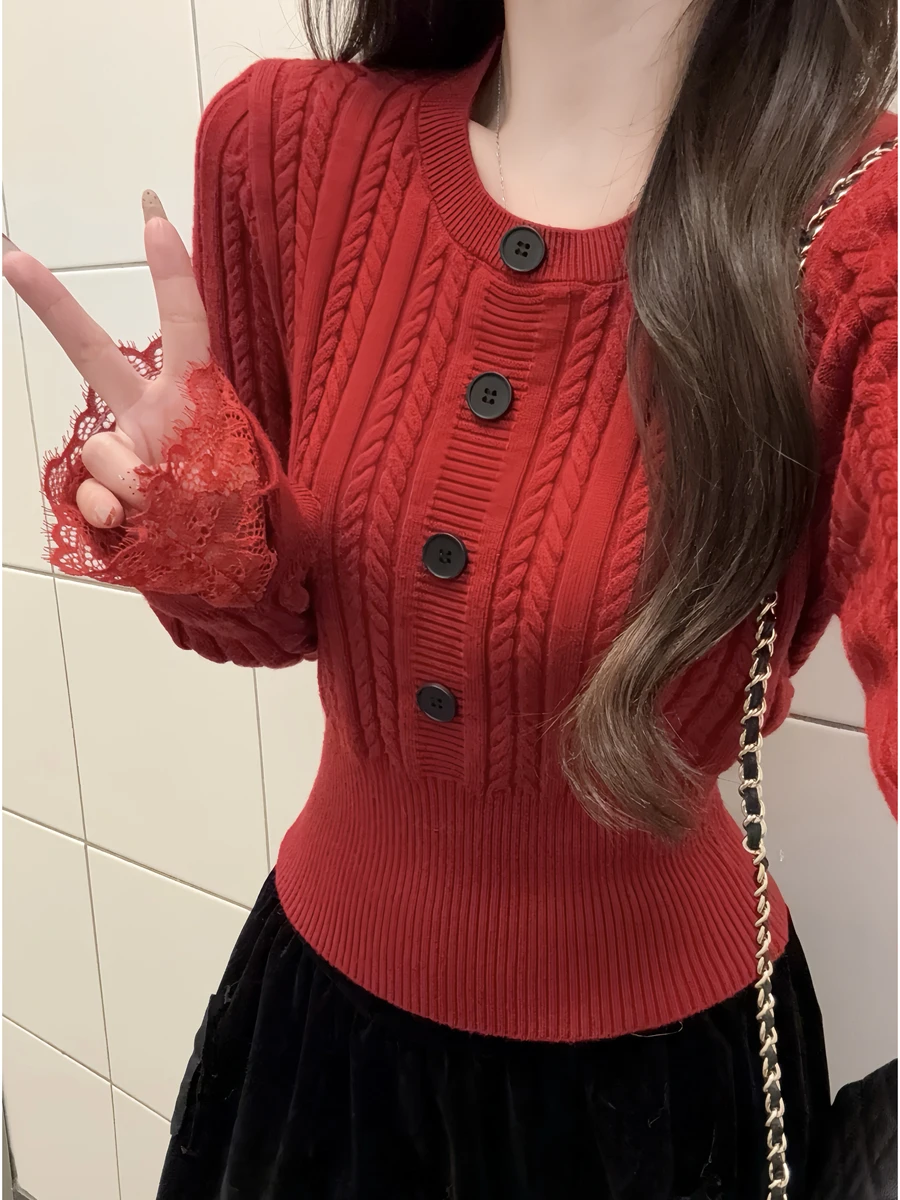 Red Knitted Sweater Women's Autumn Winter Slim Fit round Ne Lace Trim Waist Cinched Knitwear Korean Sle Sweet And Spicy
Red Knitted Sweater Women's Autumn Winter Slim Fit round Ne Lace Trim Waist Cinched Knitwear Korean Sle Sweet And Spicy