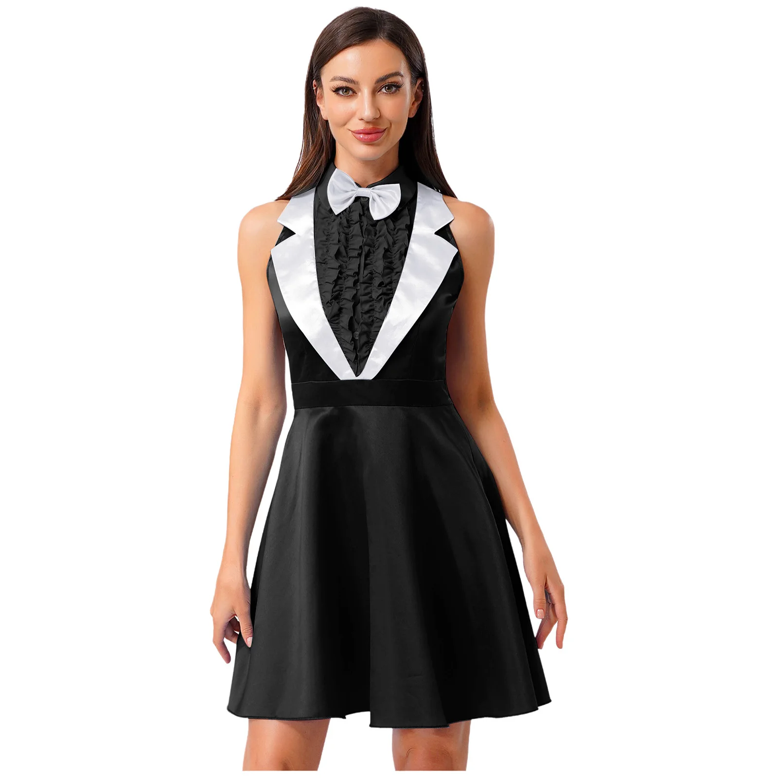 Women Halloween 70s 80s Dumber Cosplay Costumes and Bowtie Lapel Sleeveless Ruffled Tutu Dress for Carnival Dress-up Party Raves
Women Halloween 70s 80s Dumber Cosplay Costumes and Bowtie Lapel Sleeveless Ruffled Tutu Dress for Carnival Dress-up Party Raves