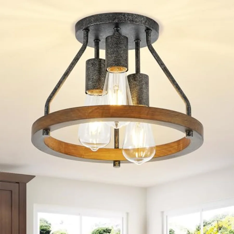 Retro Industrial Flush Mount Ceiling Light Fixture with Wood Circle Shade 3-Light Rustic Black Ceiling Light for Hallyway Entry
Retro Industrial Flush Mount Ceiling Light Fixture with Wood Circle Shade 3-Light Rustic Black Ceiling Light for Hallyway Entry