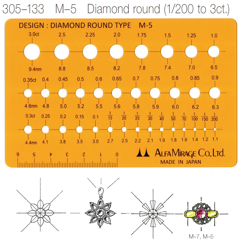 Alfa Mirage M-5 34 Sizes Round Diamond Outline Template 0.05-3 Carat Brilliant Cut Layout Stencil for Wax Metal Craft Designing
Alfa Mirage M-5 34 Sizes Round Diamond Outline Template 0.05-3 Carat Brilliant Cut Layout Stencil for Wax Metal Craft Designing