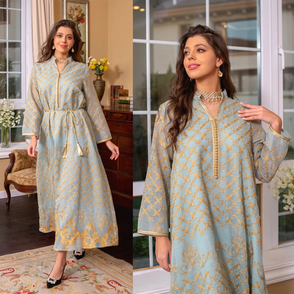 Elegant Floral Embroidery Dress Belted Abaya For Women Muslim Plaid Pattern Robe Loose Jalabiya Gown Large Hem Dubai Long Kaftan
Elegant Floral Embroidery Dress Belted Abaya For Women Muslim Plaid Pattern Robe Loose Jalabiya Gown Large Hem Dubai Long Kaftan