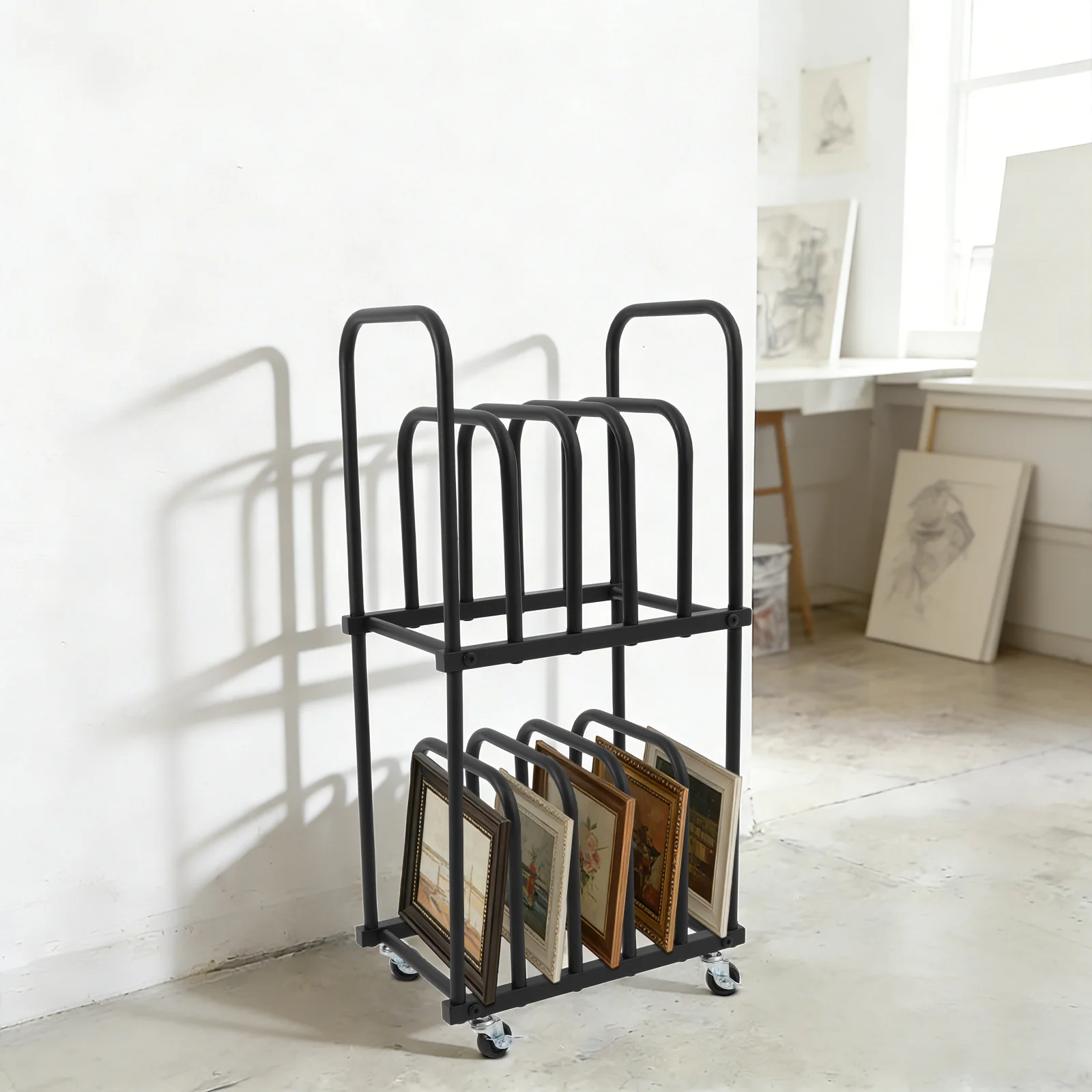 2-Layer Movable Organizer Storage Rack Plant Hook Rolling Art Canvas Stand with Wheels for Studio Exhibition Home Use
2-Layer Movable Organizer Storage Rack Plant Hook Rolling Art Canvas Stand with Wheels for Studio Exhibition Home Use