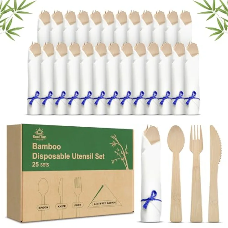 Prerolled Disposable Bamboo Cutlery Set Pack Pre Wrapped Sierware and Napkin Bundle with Forks, Knives, Spoons for Parties, Wed
Prerolled Disposable Bamboo Cutlery Set Pack Pre Wrapped Sierware and Napkin Bundle with Forks, Knives, Spoons for Parties, Wed