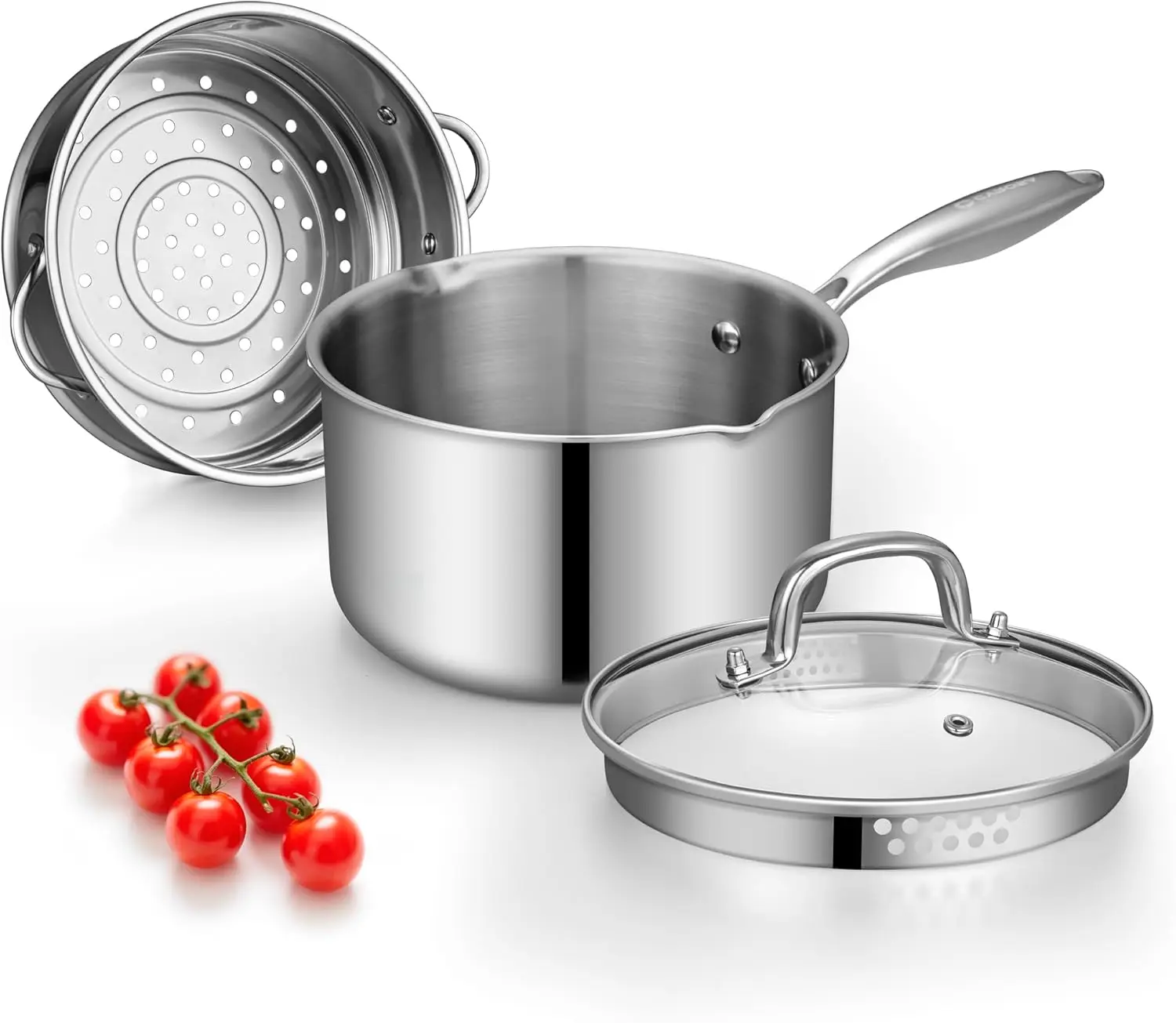 Tri-Ply Stainless Steel Sauce Pan with Steamer Basket & Straining Glass Lid, Heavy-Duty, 2.5 QT
Tri-Ply Stainless Steel Sauce Pan with Steamer Basket & Straining Glass Lid, Heavy-Duty, 2.5 QT