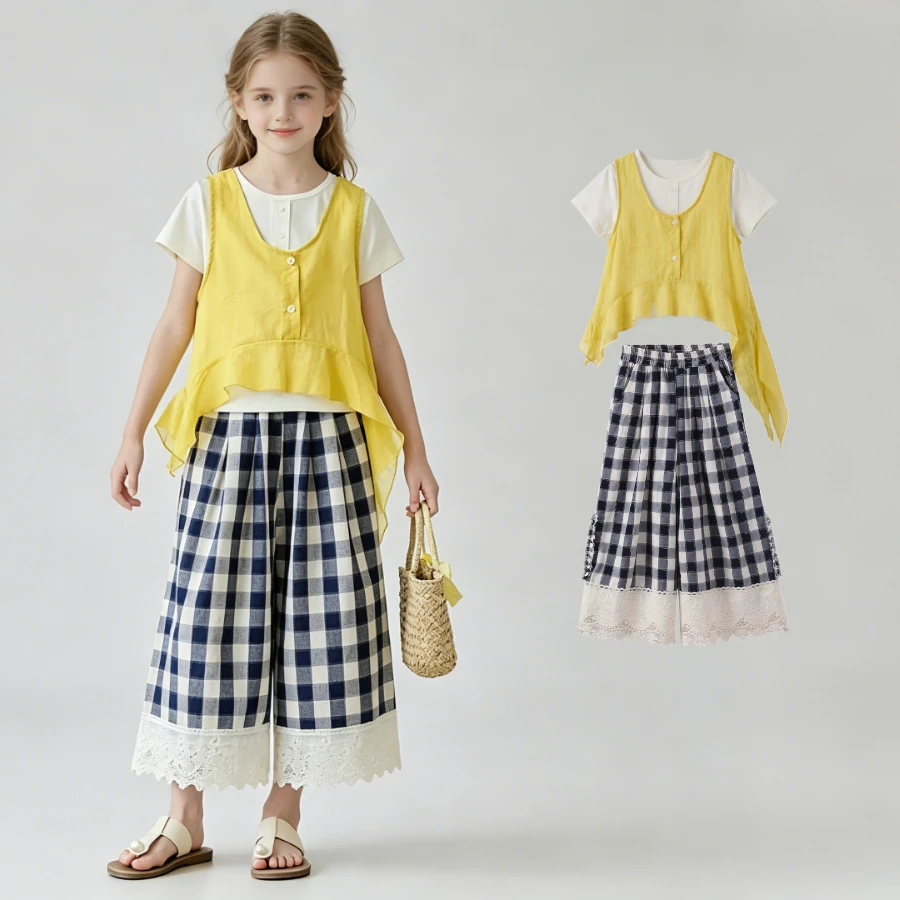 Girls Yellow Irregular Hem Vest + Tee & Plaid Lace Pants Set Casual Summer Outfit for Kids Daily School Birthday Party Costume
Girls Yellow Irregular Hem Vest + Tee & Plaid Lace Pants Set Casual Summer Outfit for Kids Daily School Birthday Party Costume