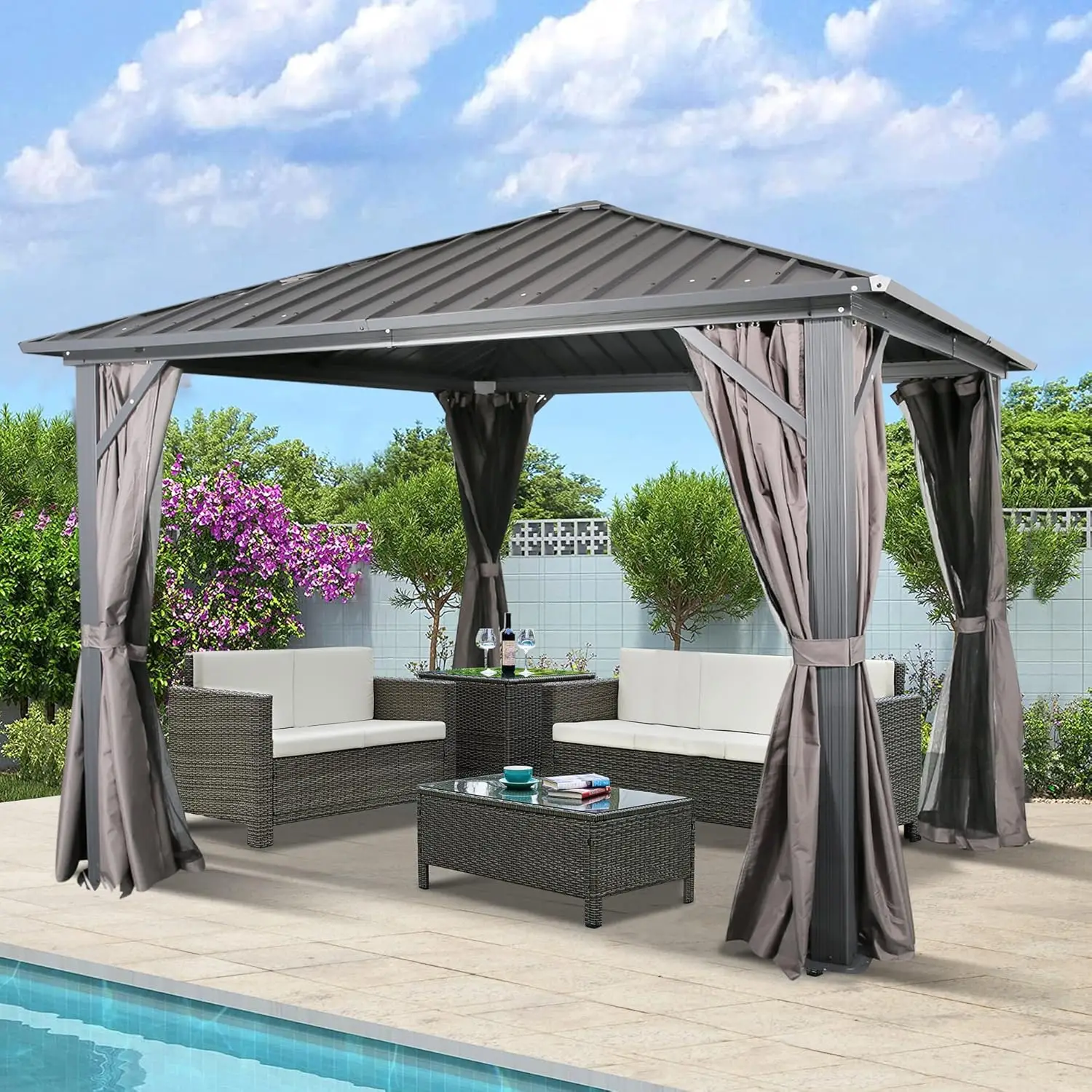 Hardtop Aluminum Gazebo Pergola with Galvanized Steel Roof Mosquito Net Privacy Curtain 10x10ft Outdoor Patio Garden, Customized
Hardtop Aluminum Gazebo Pergola with Galvanized Steel Roof Mosquito Net Privacy Curtain 10x10ft Outdoor Patio Garden, Customized