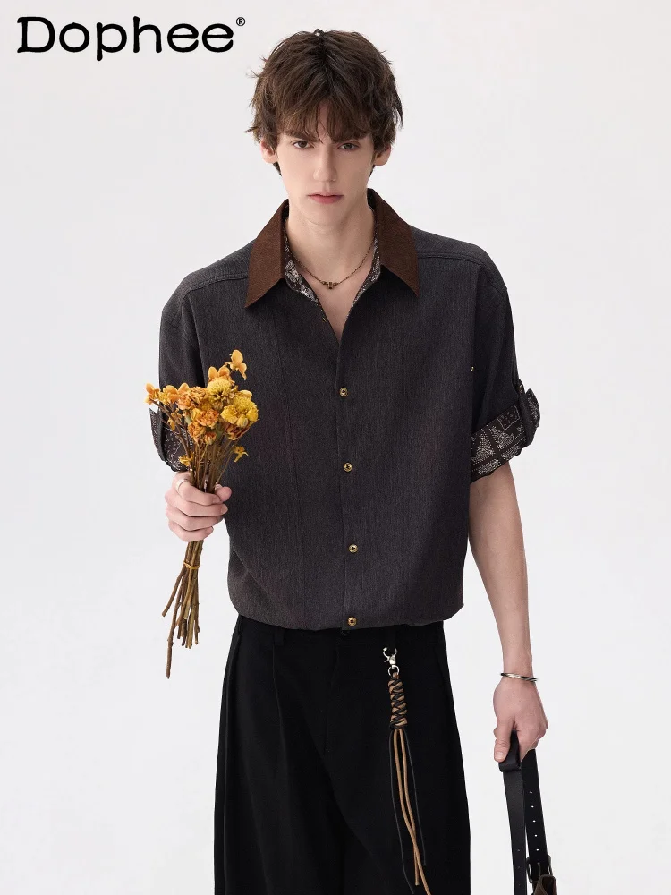 Men's 2026 Summer New Ice Silk Comfort Handsome Shirt Denim Splicing Flower Contrast Color Shirts Men's Lapel Short Sleeve Tops
Men's 2026 Summer New Ice Silk Comfort Handsome Shirt Denim Splicing Flower Contrast Color Shirts Men's Lapel Short Sleeve Tops