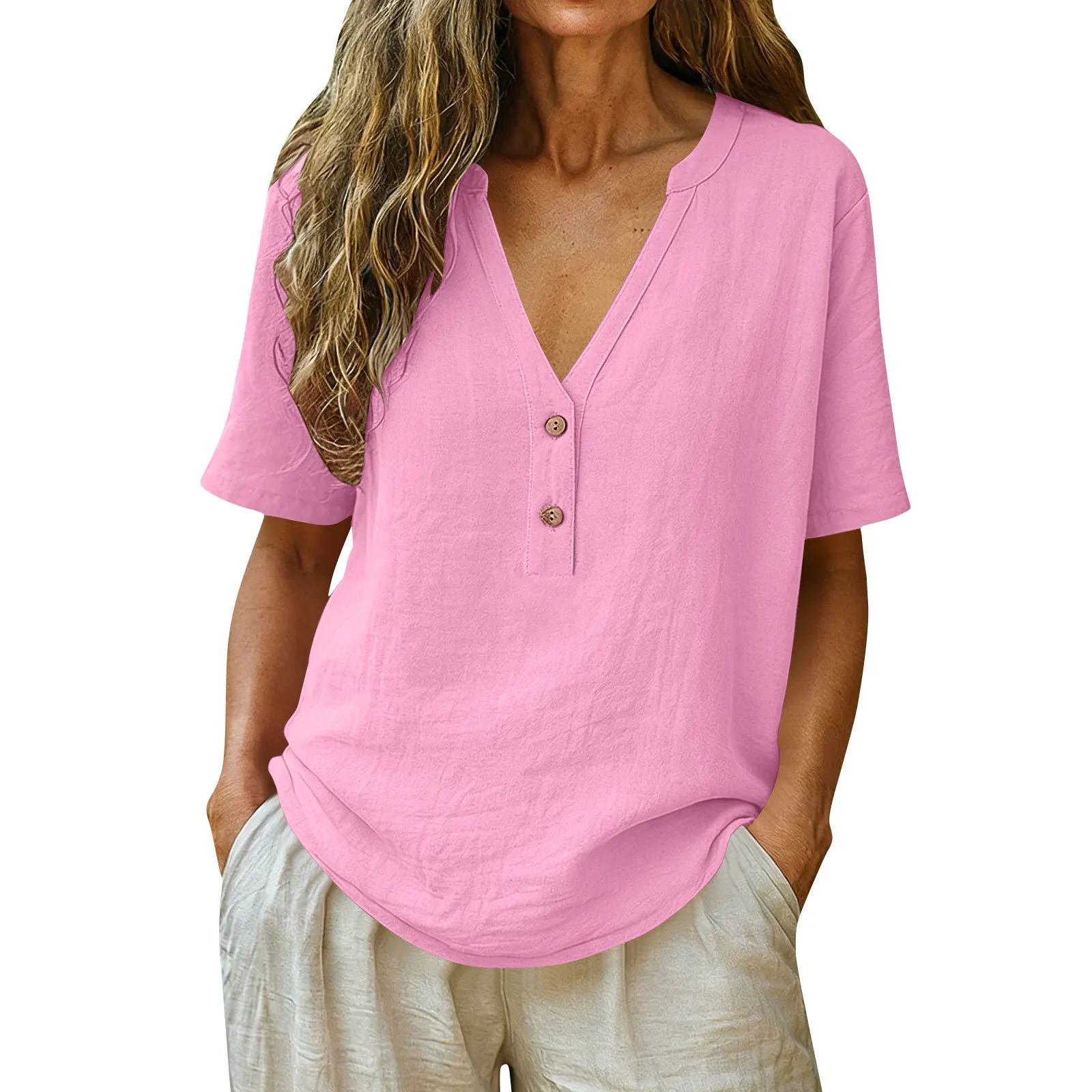 New 2026 Summer Blouses Women's Cotton Linen V-Neck Short Sleeve Shirts Casual Button Solid Color Pullover Loose Tops Plus Size
New 2026 Summer Blouses Women's Cotton Linen V-Neck Short Sleeve Shirts Casual Button Solid Color Pullover Loose Tops Plus Size