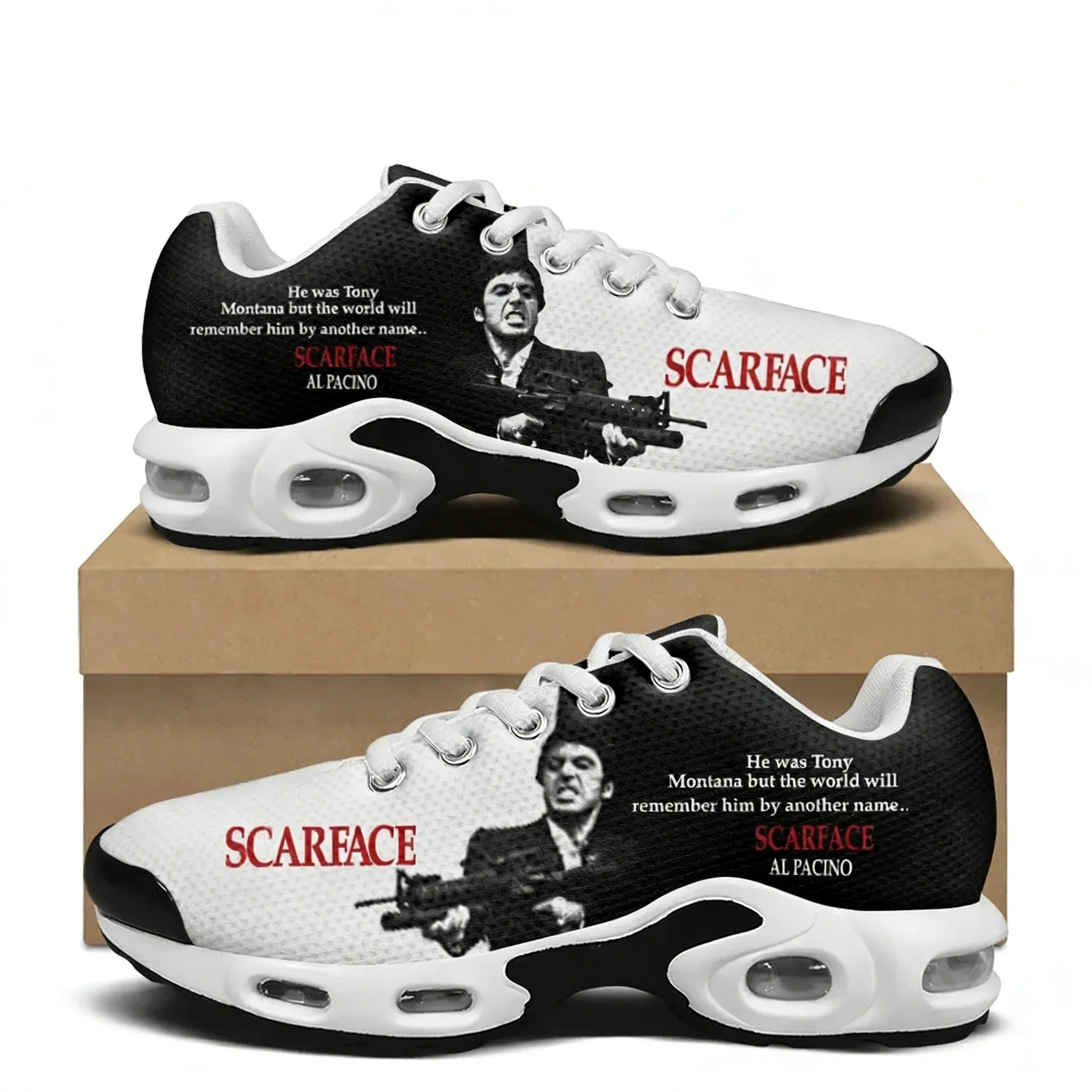 Кроссовки на воздушной подушке со шрамом, популярный фильм Тони Монтана, мужские и женские походные кроссовки для бега, альпинистская спортивная повседневная обувь
Кроссовки на воздушной подушке со шрамом, популярный фильм Тони Монтана, мужские и женские походные кроссовки для бега, альпинистская спортивная повседневная обувь