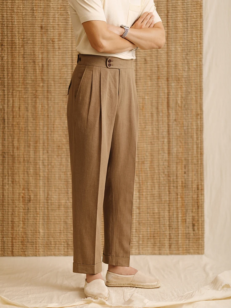 Мужские летние льняные брюки с высокой талией, неаполитанский крой, прямые, без заутюживания, повседневные, для джентльменов
Мужские летние льняные брюки с высокой талией, неаполитанский крой, прямые, без заутюживания, повседневные, для джентльменов