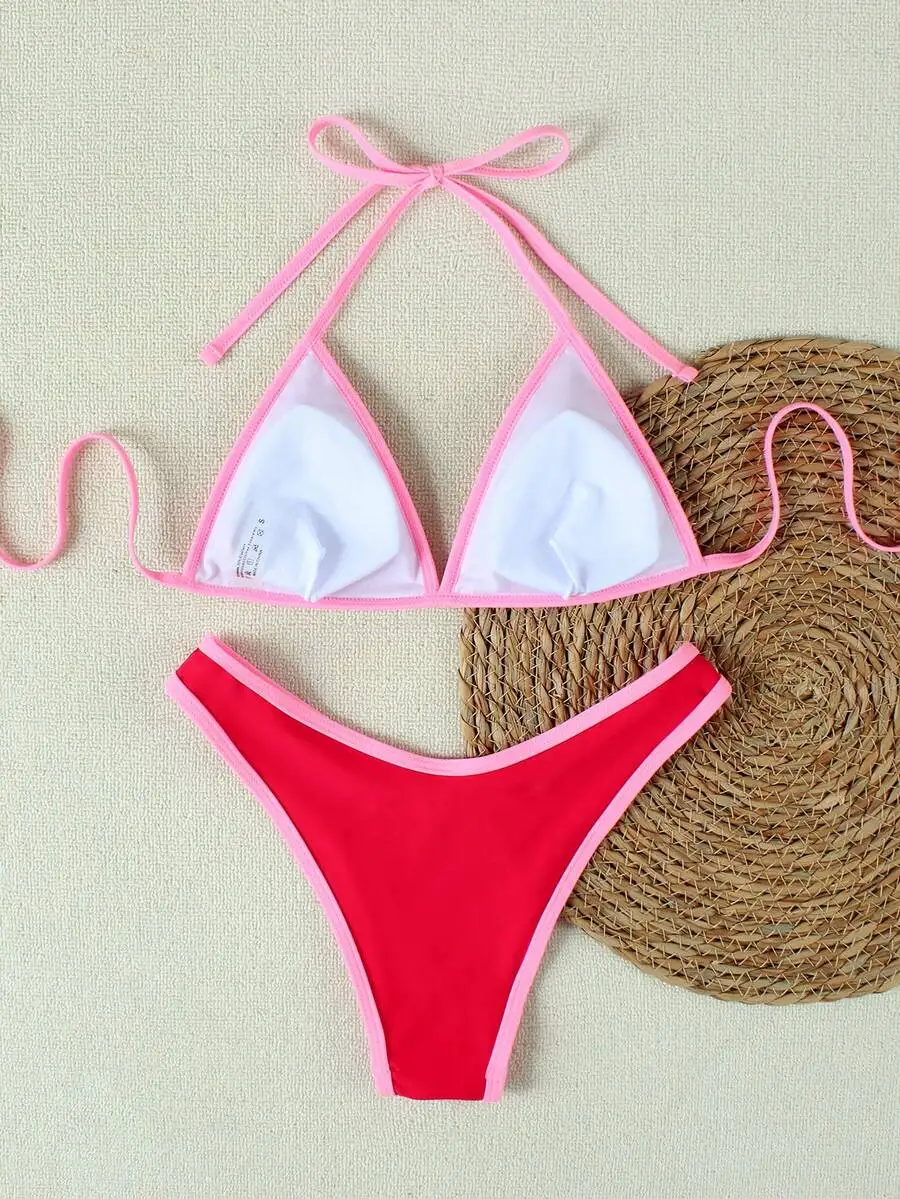 Womens Fuchsia Red Contrast Trim Halter Backless Bikini Set For Beach Vacation
Womens Fuchsia Red Contrast Trim Halter Backless Bikini Set For Beach Vacation