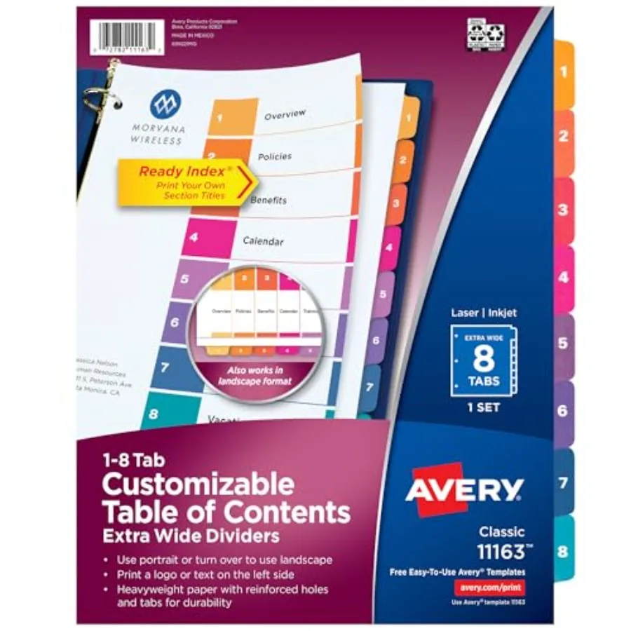 Extra-Wide Dividers for 3 Ring Binders, 8 Tabs per Set, Customizable Table of Contents, Multicolor Tabs, Works Great with Sheet
Extra-Wide Dividers for 3 Ring Binders, 8 Tabs per Set, Customizable Table of Contents, Multicolor Tabs, Works Great with Sheet