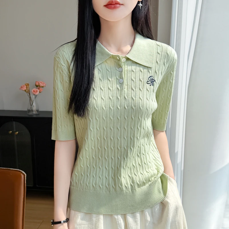 Lyocell Summer Women's Knitted Sweater POLO Collar Pullover Short Sleeve Retro Embroidered Twisted Flower Versatile Top T-shirts
Lyocell Summer Women's Knitted Sweater POLO Collar Pullover Short Sleeve Retro Embroidered Twisted Flower Versatile Top T-shirts