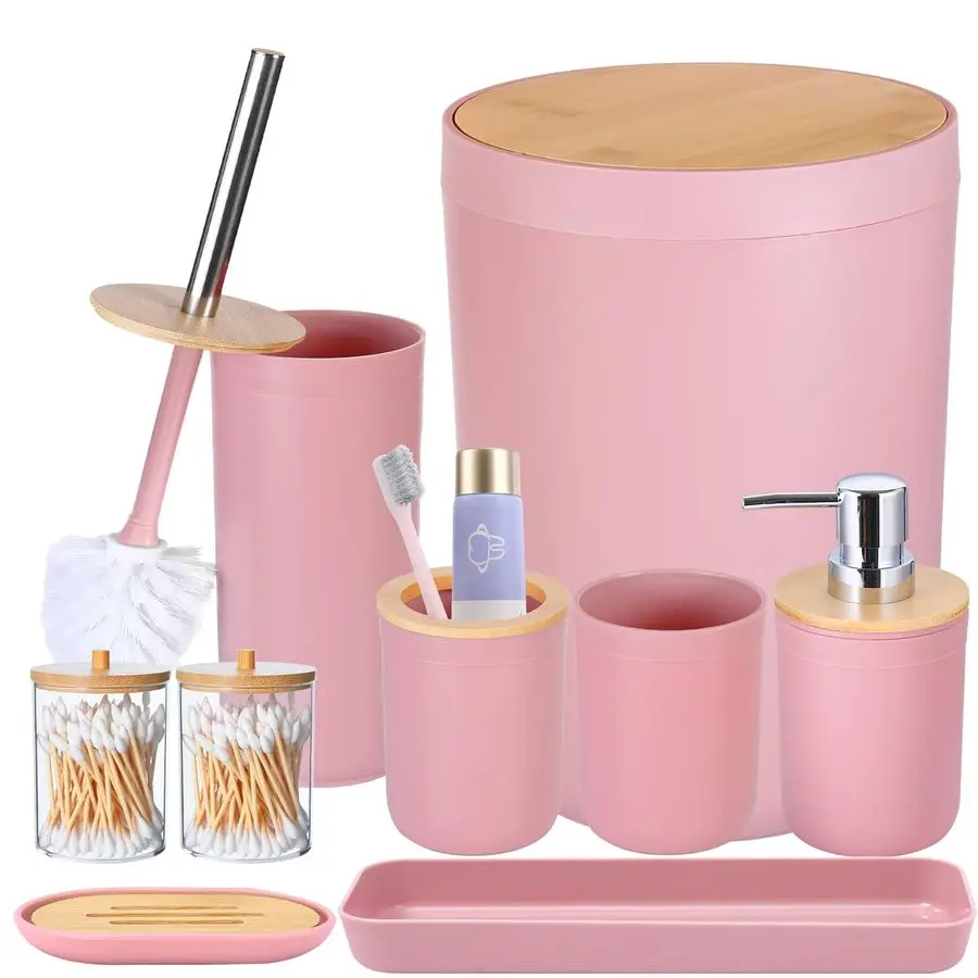 Набор из 9 предметов розового цвета для ванной комнаты: мусорное ведро, ершик для унитаза, держатель для зубных щеток, дозатор для лосьона, мыльница, стакан для зубных щеток.
Набор из 9 предметов розового цвета для ванной комнаты: мусорное ведро, ершик для унитаза, держатель для зубных щеток, дозатор для лосьона, мыльница, стакан для зубных щеток.