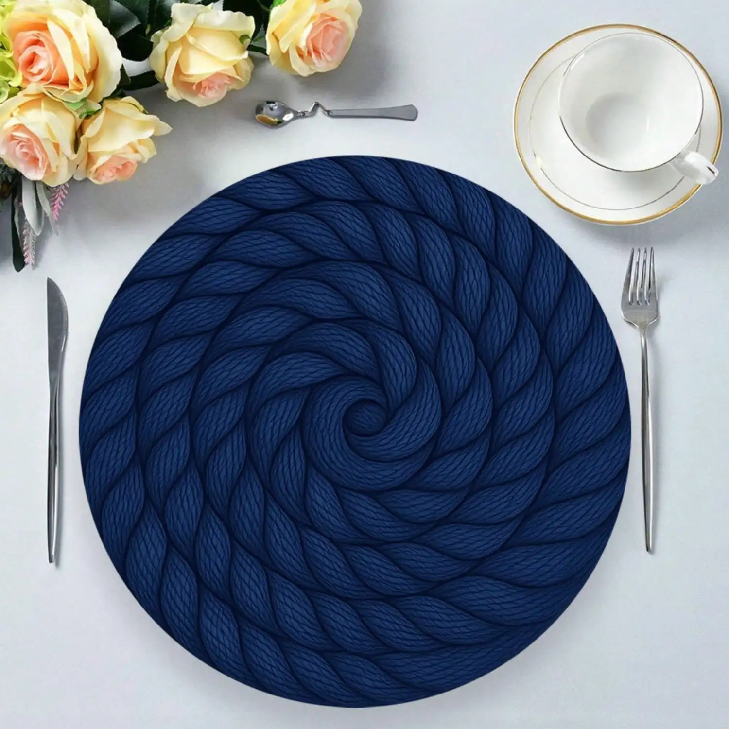 4pcs Dark Blue Knot Spiral Round Placemats, Nautical, Non-Slip, Washable, Heat Resistant For Holiday Dining & Kitchen Decor, Kitchen Dining Decor Suitable For Thanksgiving, Christmas Parties And Home Decoration, Holiday Party Decoration Round Placemats, P
4pcs Dark Blue Knot Spiral Round Placemats, Nautical, Non-Slip, Washable, Heat Resistant For Holiday Dining & Kitchen Decor, Kitchen Dining Decor Suitable For Thanksgiving, Christmas Parties And Home Decoration, Holiday Party Decoration Round Placemats, P