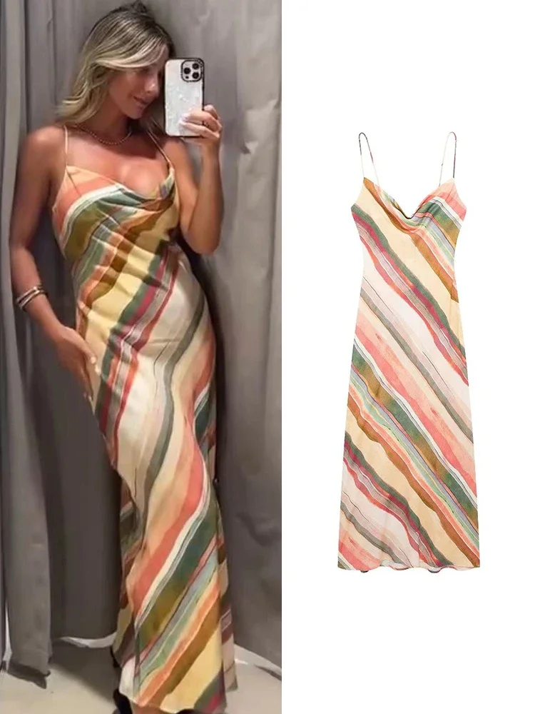 Women Colorful Striped Camisole Dresses 2024 New V-neck Backless Beach Party Dress Elegant Causal Sleeveless Strap Dress
Women Colorful Striped Camisole Dresses 2024 New V-neck Backless Beach Party Dress Elegant Causal Sleeveless Strap Dress
