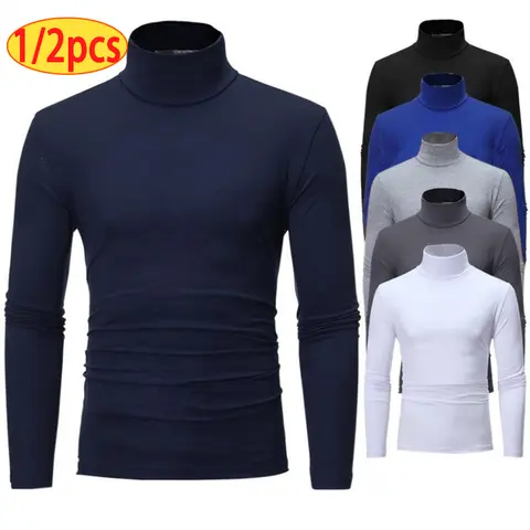 1/2pcs Autumn  Winter Men's High Neck T-shirt Slim Fit Fashion High Elastic Long Sleeve Casual Breathable Apparel Pullover