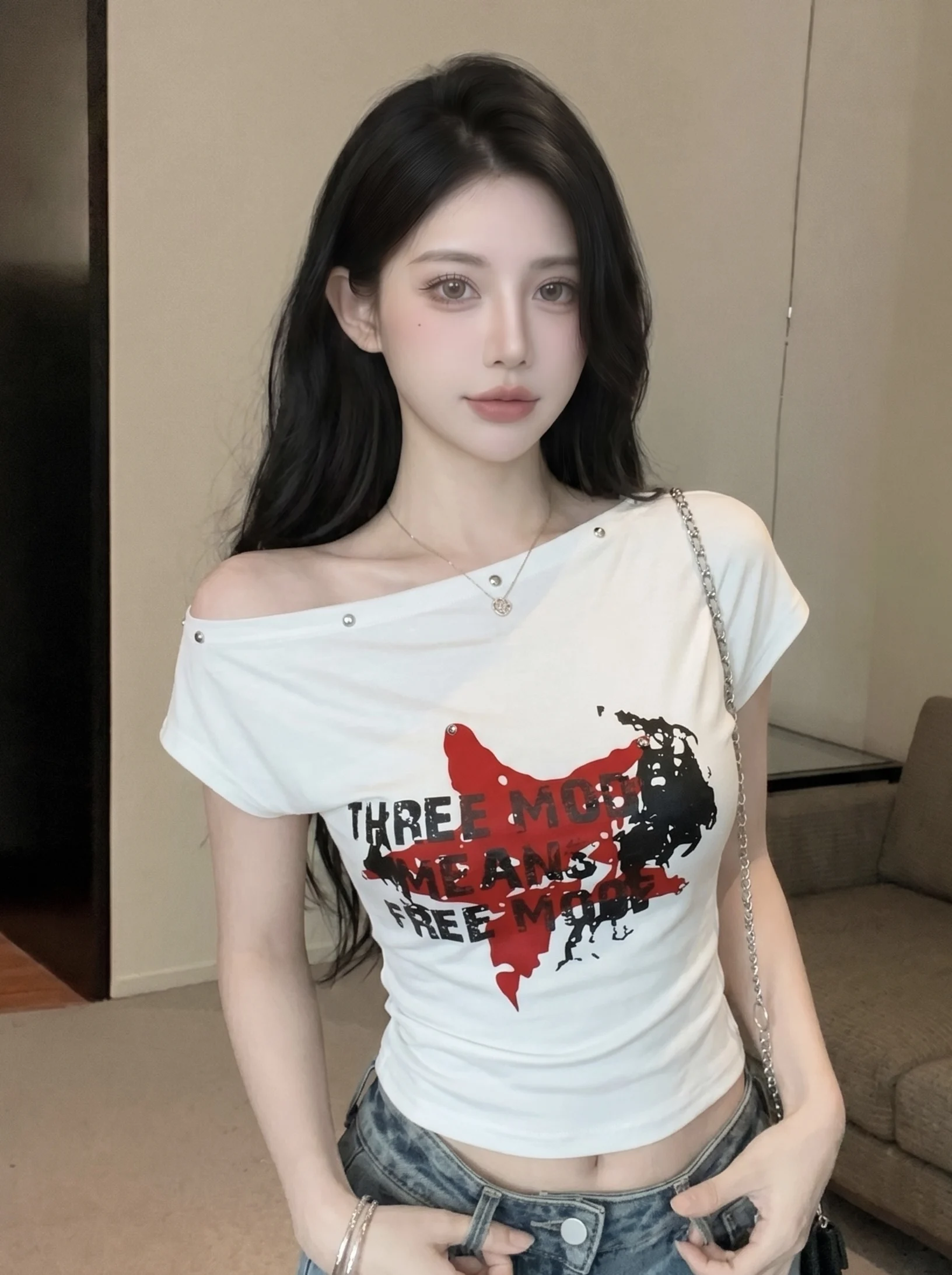 American Style Spicy Girl Letter Print Asymmetrical Shoulder Short Sleeve T-Shirt Women's Pleated Waist Slimming Shoulder Bar...
American Style Spicy Girl Letter Print Asymmetrical Shoulder Short Sleeve T-Shirt Women's Pleated Waist Slimming Shoulder Bar...