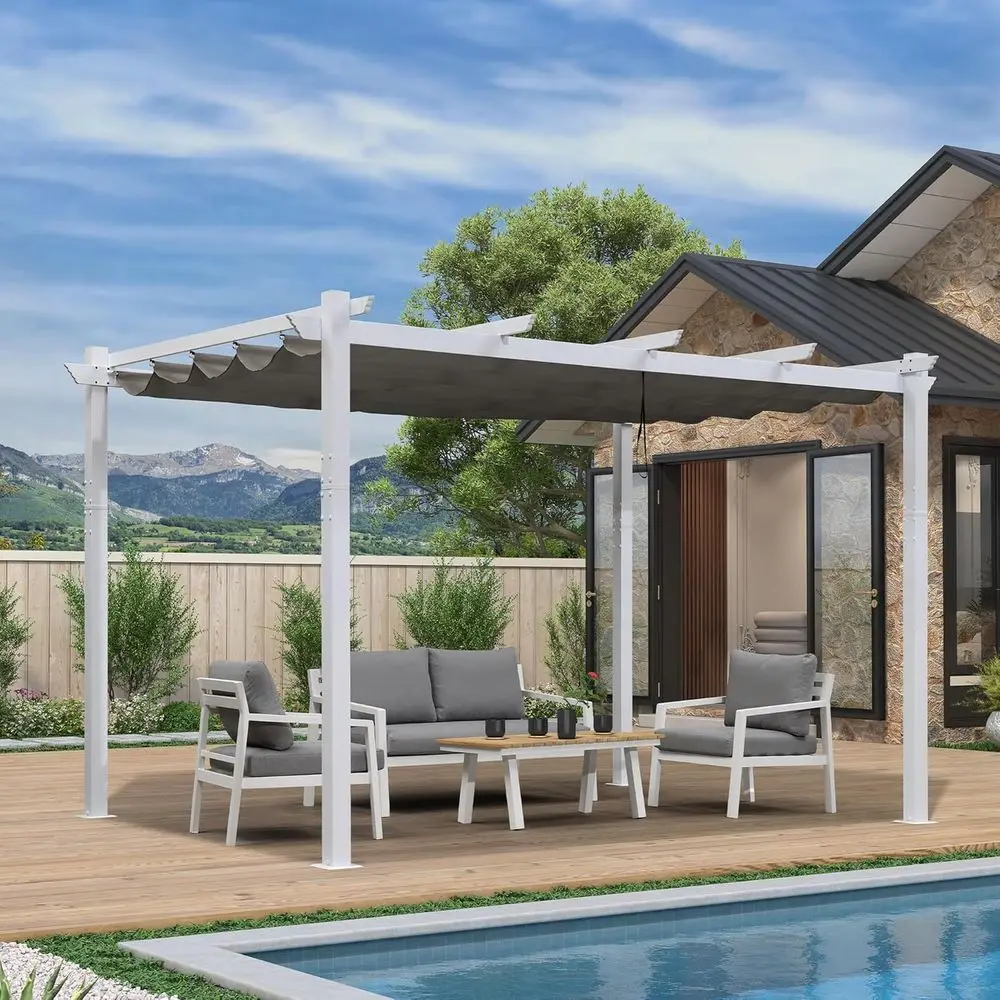 10' x 13' Outdoor Retractable Pergola with Grey Sun Shade for Patio, Garden, or Deck
10' x 13' Outdoor Retractable Pergola with Grey Sun Shade for Patio, Garden, or Deck
