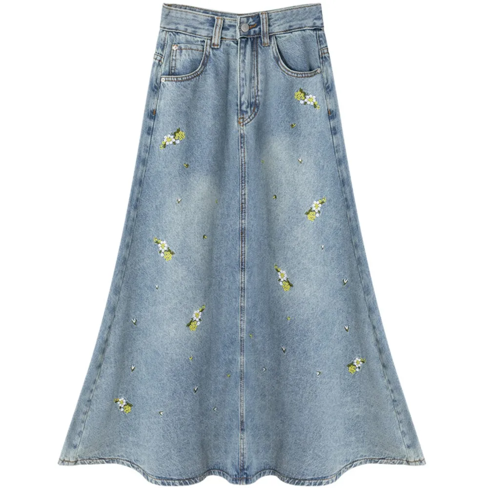 Flower embroidered denim skirt women's spring new high waisted A-line long light blue skirt
Flower embroidered denim skirt women's spring new high waisted A-line long light blue skirt