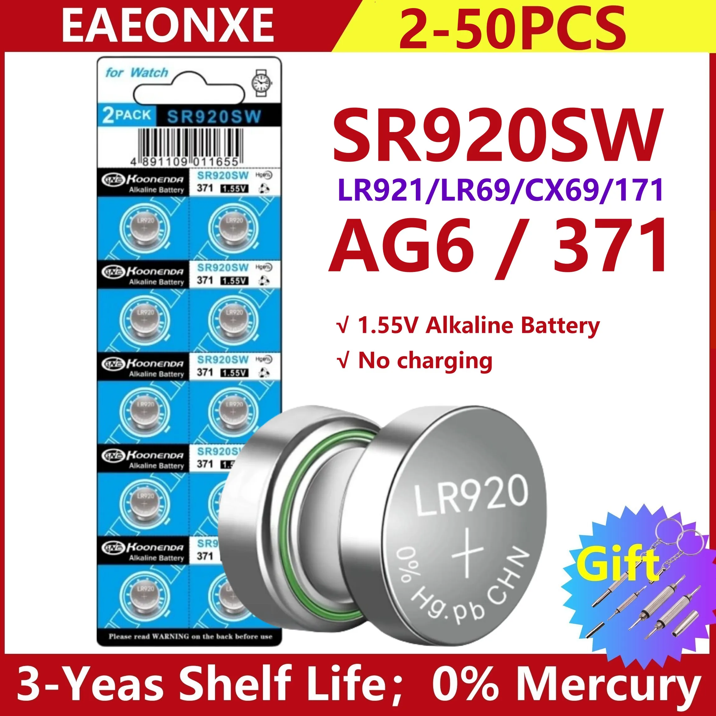 10-100 шт., кнопочные батарейки AG6, 1,55 в, 371 SR920SW LR920 SR927 171 370 L921 LR69 SR920 AG6
10-100 шт., кнопочные батарейки AG6, 1,55 в, 371 SR920SW LR920 SR927 171 370 L921 LR69 SR920 AG6