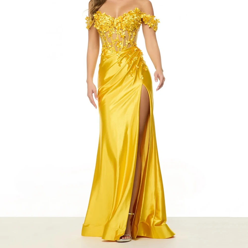 Women's Bright Yellow Off-the-Shoulder Evening Dress Floral Embellished Satin Slit Train Formal Gown for Prom Gala Wedding Guest
Women's Bright Yellow Off-the-Shoulder Evening Dress Floral Embellished Satin Slit Train Formal Gown for Prom Gala Wedding Guest