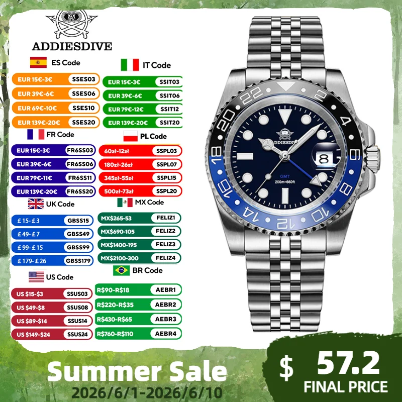 ADDIESDIVE Top Brand Stainless Steel GMT Men Quartz Watch Super Luminous AD2050 Reloj Hombre 200M Waterproof Luxury Dive Watches
ADDIESDIVE Top Brand Stainless Steel GMT Men Quartz Watch Super Luminous AD2050 Reloj Hombre 200M Waterproof Luxury Dive Watches
