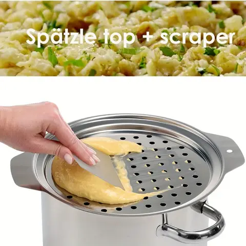 Stainless Steel Spaetzle Maker Lid with Scraper Traditional German Egg Noodle Maker Pan Pot Spaghetti Strainer