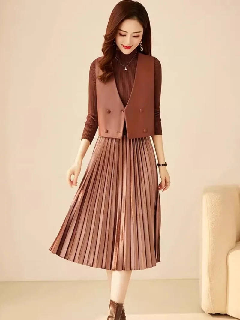 Женский вязаный комплект из двух предметов, элегантный жилет в рубчик с плиссированным платьем, свободный костюм на осень-зиму, повседневная офисная одежда w138
Женский вязаный комплект из двух предметов, элегантный жилет в рубчик с плиссированным платьем, свободный костюм на осень-зиму, повседневная офисная одежда w138