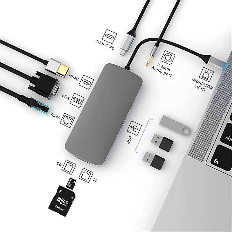 10-in-1 Type-C Docking Station USB-C PD/ HDMI / VGA / RJ45 / SD / TF / Audio / USB All in One Hub Laptop Mobile Phone Splitter
10-in-1 Type-C Docking Station USB-C PD/ HDMI / VGA / RJ45 / SD / TF / Audio / USB All in One Hub Laptop Mobile Phone Splitter