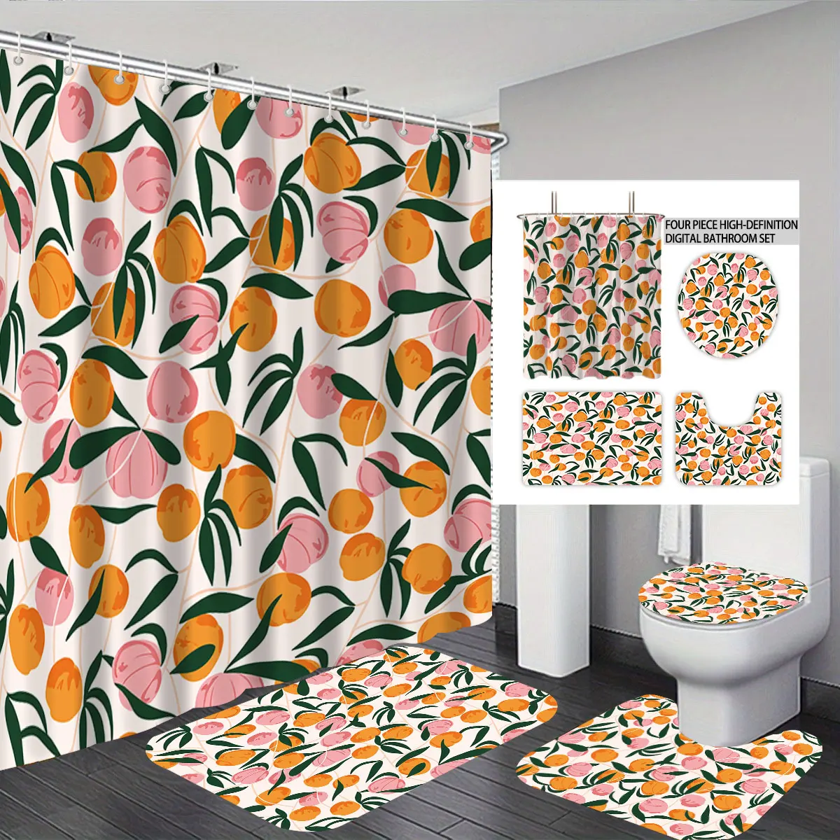 4PC Hand-painted Fresh Pink Orange Peach Bathroom Set Curtain ToiletCover U-Shaped Rug Bath Mat
4PC Hand-painted Fresh Pink Orange Peach Bathroom Set Curtain ToiletCover U-Shaped Rug Bath Mat