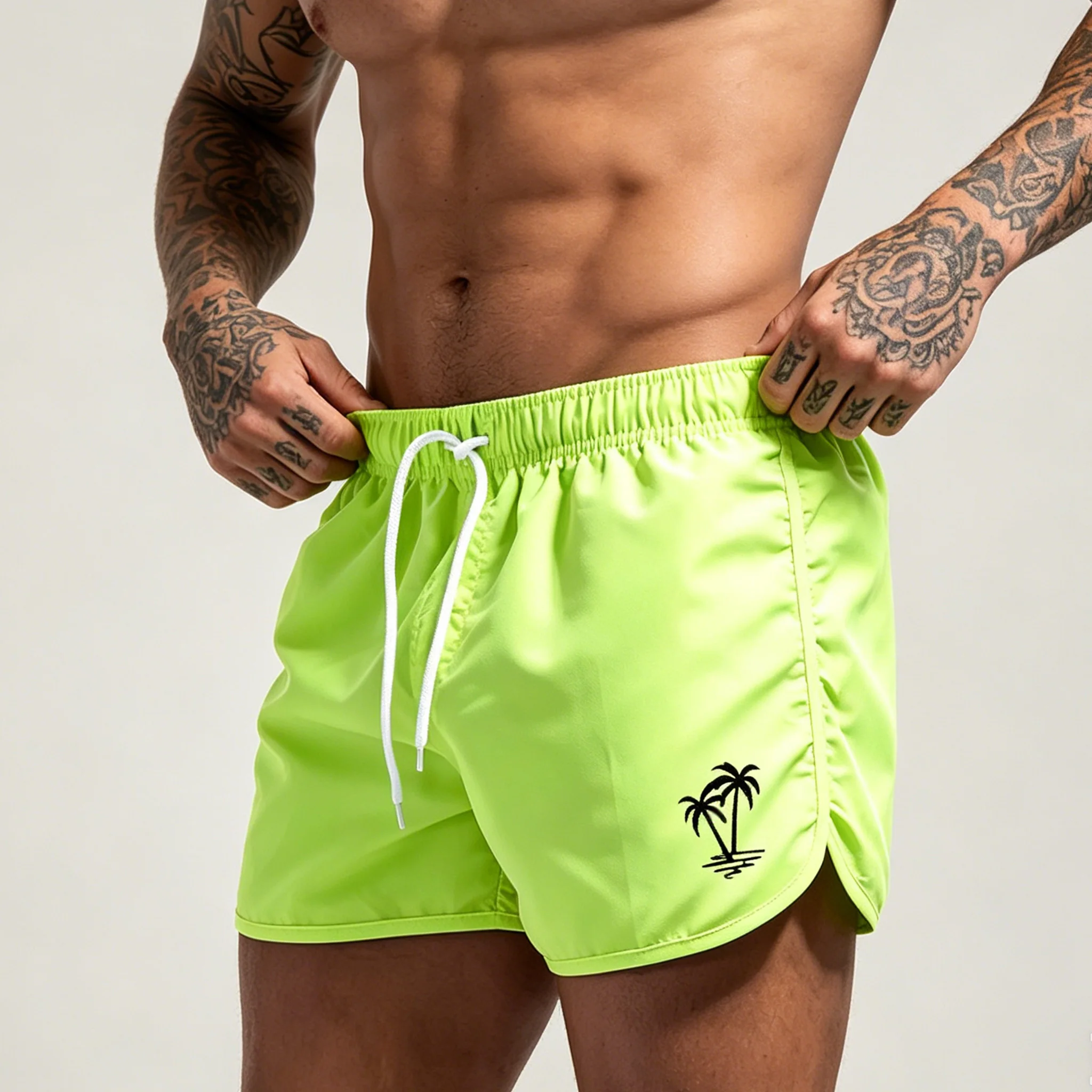 Men's beach pants, casual quick-drying shorts Neon Green Coconut Tree Print Drawstring Swim Trunks Running Sports Shorts-H2
Men's beach pants, casual quick-drying shorts Neon Green Coconut Tree Print Drawstring Swim Trunks Running Sports Shorts-H2