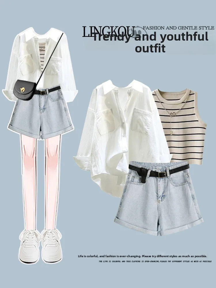 Anti-Aging Korean Style Set Women's Spring Striped Vest Loose Sun Protection Shirt with Hong Kong Style Slimming Jeans Shorts
Anti-Aging Korean Style Set Women's Spring Striped Vest Loose Sun Protection Shirt with Hong Kong Style Slimming Jeans Shorts