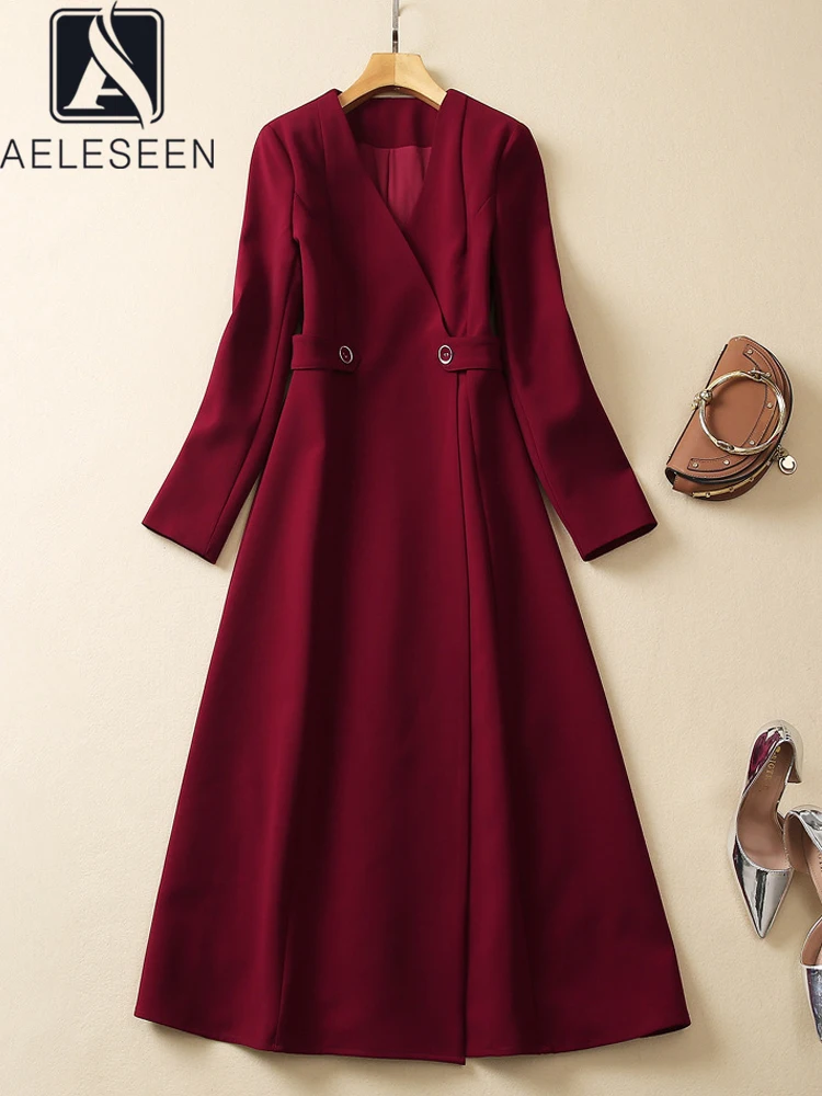 AELESEEN Autumn Winter Trech Dress Women Design Fashion V-Neck Splited Wine Elegant Party Office Long
AELESEEN Autumn Winter Trech Dress Women Design Fashion V-Neck Splited Wine Elegant Party Office Long