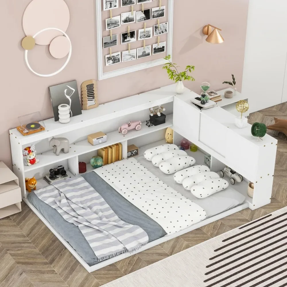 Modern Full Size Platform Bed with L-Shaped Bookcases + Sliding Doors, Solid Wood Floor Bed Frame without Slats, Corner BedFrame
Modern Full Size Platform Bed with L-Shaped Bookcases + Sliding Doors, Solid Wood Floor Bed Frame without Slats, Corner BedFrame