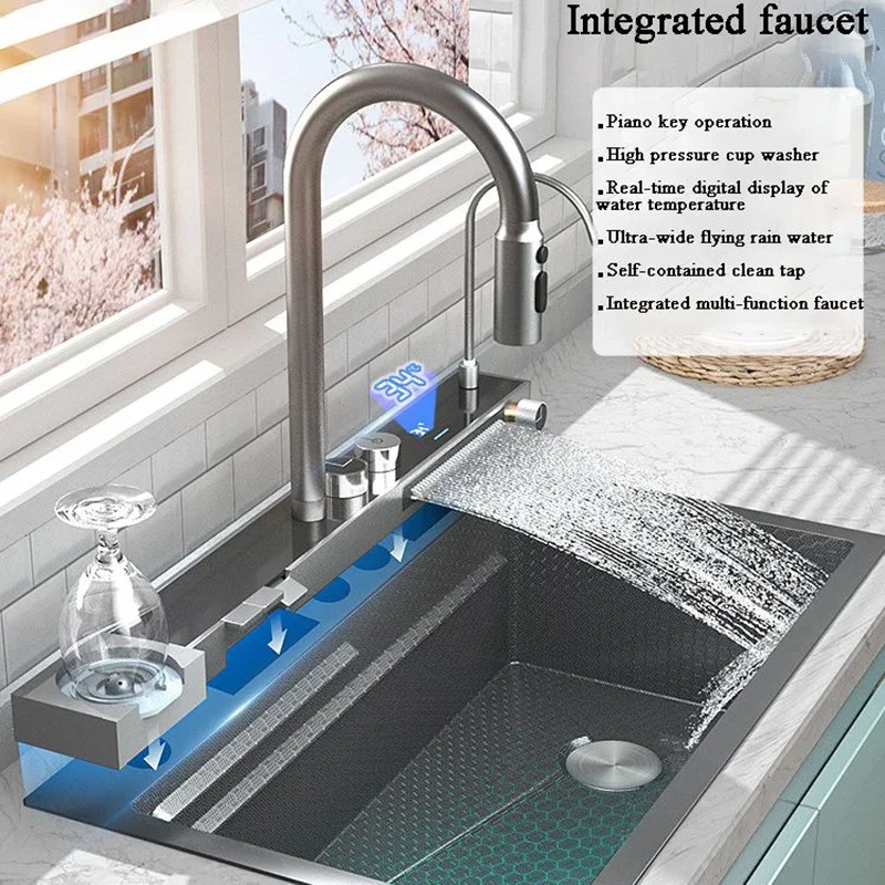 Nano 304 Stainless Steel Kitchen Sink Flying Rain Integrated Waterfall Faucet Large Single Tank Vegetable Wash Basin Cup Washer
Nano 304 Stainless Steel Kitchen Sink Flying Rain Integrated Waterfall Faucet Large Single Tank Vegetable Wash Basin Cup Washer