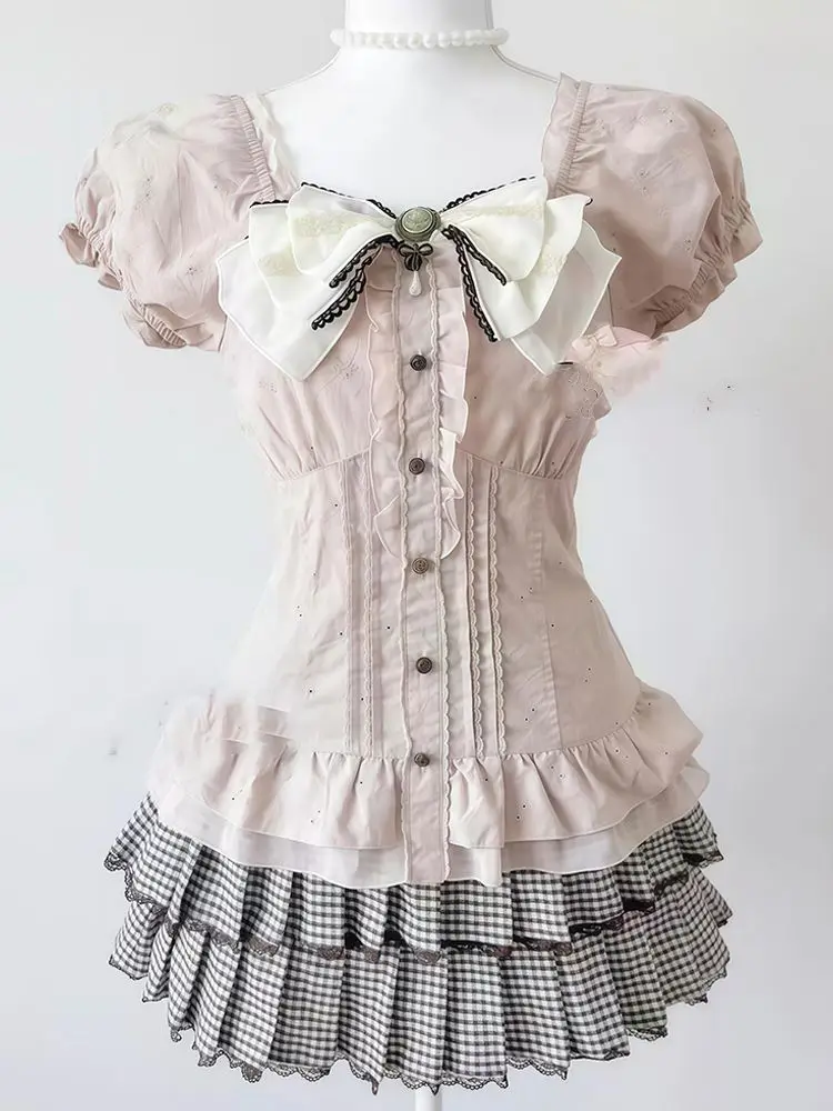 Plaid Cake Skirt Light Pink Top Fungus Edge Design Suit Women
Plaid Cake Skirt Light Pink Top Fungus Edge Design Suit Women