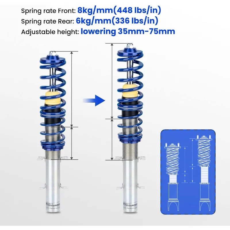Coilovers for VW Golf MK4 1997-2007, for VW Jetta MK4 1999-2005, for VW New Beetle 1998-2010, for Seat Leon 1999-2006
Coilovers for VW Golf MK4 1997-2007, for VW Jetta MK4 1999-2005, for VW New Beetle 1998-2010, for Seat Leon 1999-2006