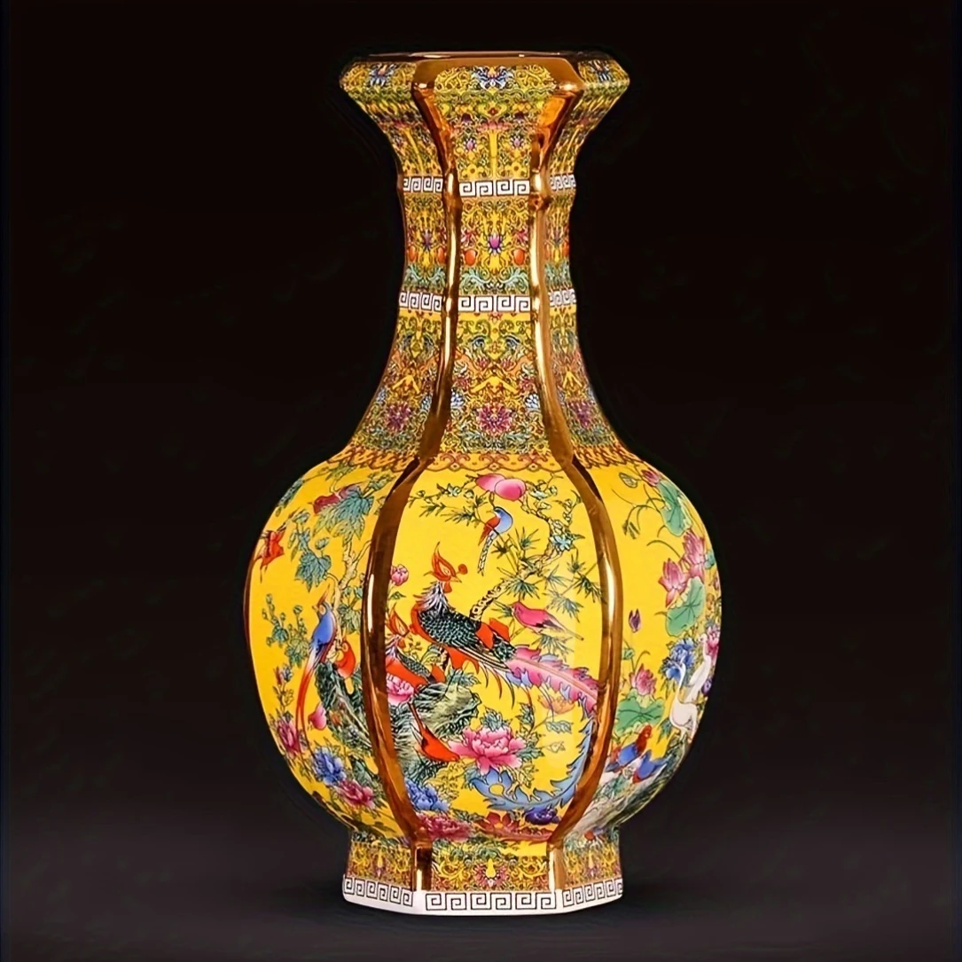 Vintage Chinese Ceramic Vase - Qianlong Dynasty Style Floral Bird Vase, Hand-Painted Enamel Yellow Vase, Antique Home Decor
Vintage Chinese Ceramic Vase - Qianlong Dynasty Style Floral Bird Vase, Hand-Painted Enamel Yellow Vase, Antique Home Decor