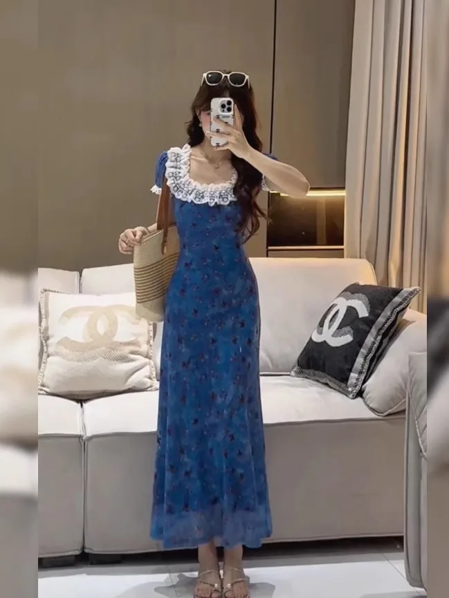 Keni plus Size Floral Print Maxi Dress Women's Summer Vacation Blue Waist-Cinching Square Neck Lace Trim Dress Korean Style
Keni plus Size Floral Print Maxi Dress Women's Summer Vacation Blue Waist-Cinching Square Neck Lace Trim Dress Korean Style